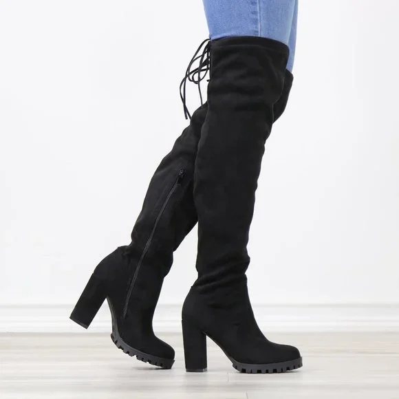 Black Thigh High Boots Over The Knee Block Lug High Heel Faux Suede Round Toe - Picture 2 of 13